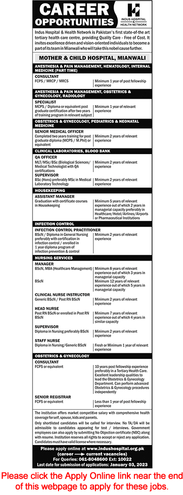 Indus Hospital Mianwali Jobs December 2022 Apply Online Mother and Child Hospital Nurse & Others Latest