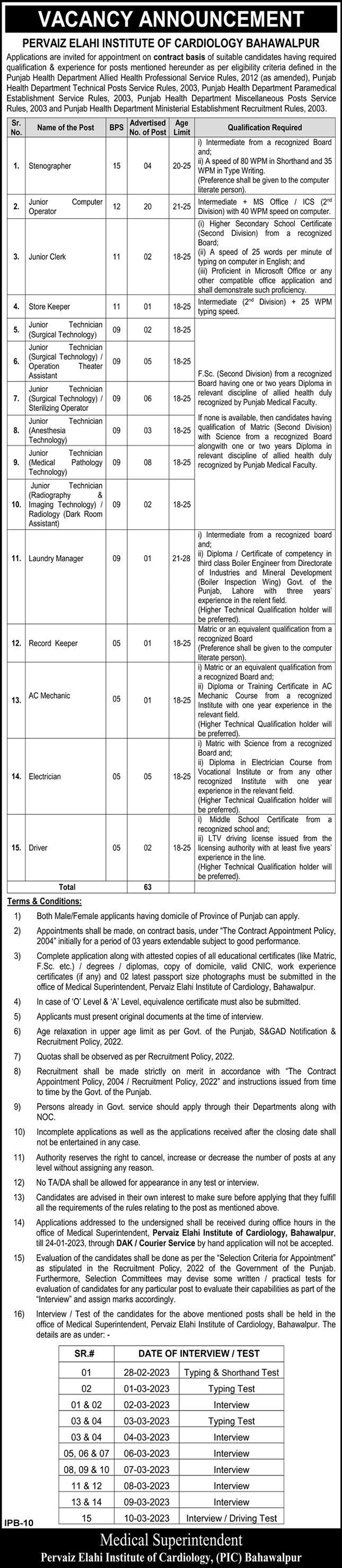 Chaudhry Pervaiz Elahi Institute of Cardiology Bahawalpur Jobs 2023 Computer Operators, Medical Technicians & Others Latest