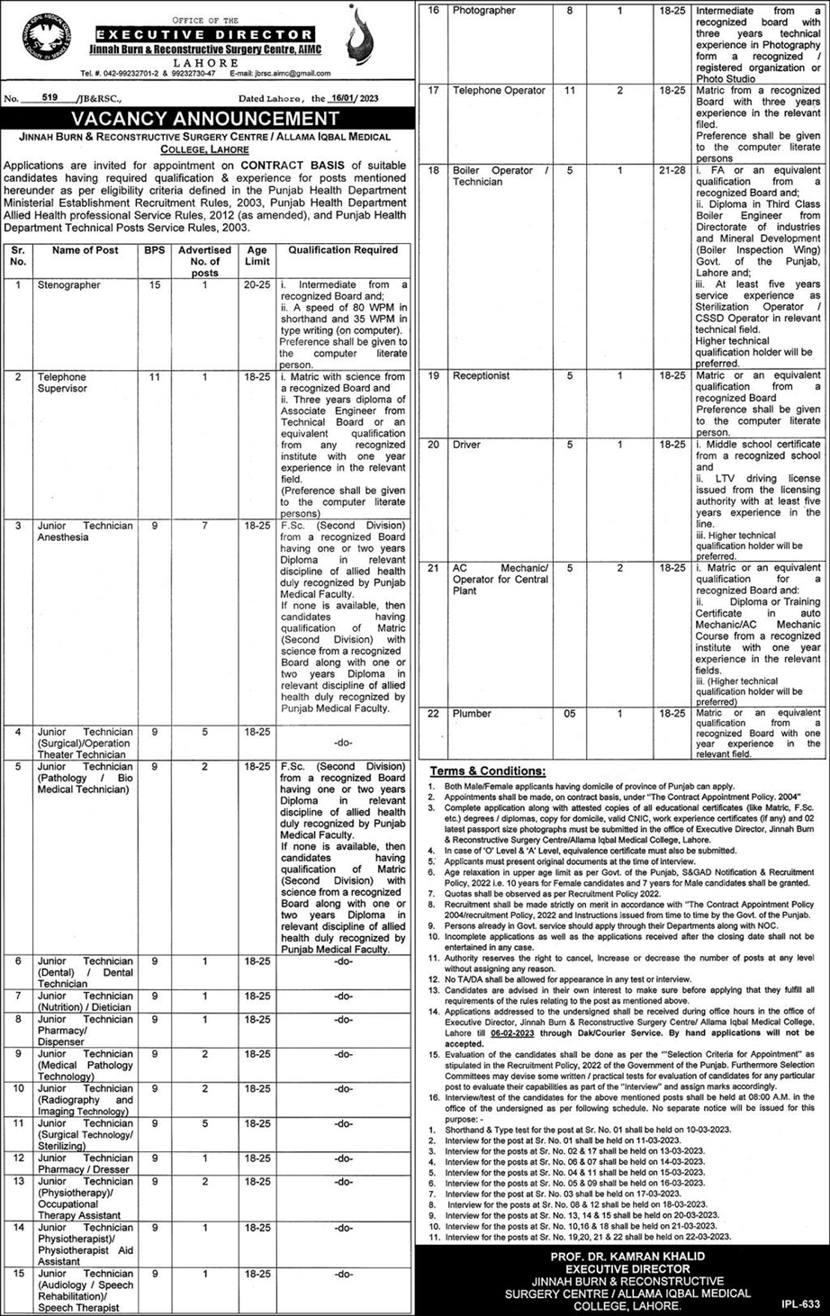 Jinnah Burn and Reconstructive Surgery Centre Lahore Jobs 2023 Allama Iqbal Medical College AIMC Latest