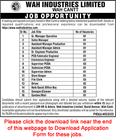 Wah Industries Limited Jobs 2023 Application Form Supervisors, Clerks & Others Latest