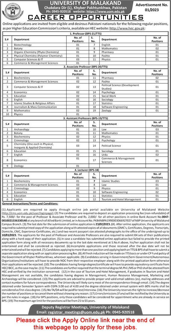 Teaching Faculty Jobs in University of Malakand 2023 Apply Online Latest