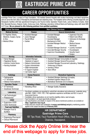 Eastridge Prime Care Hospital Rawalpindi Jobs 2023 February Assistant Managers & Others Fauji Foundation Latest