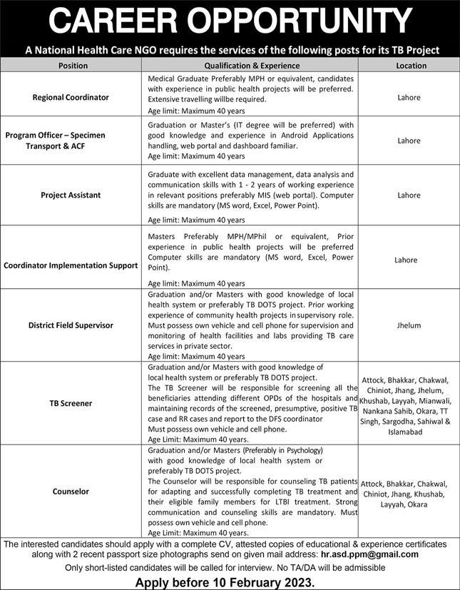 National Healthcare Care NGO Jobs 2023 TB Screeners, Counselor & Others Latest