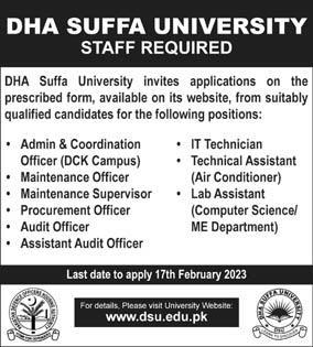 DHA Suffa University Karachi Jobs 2023 February Lab Assistants, Audit Officers & Others Latest