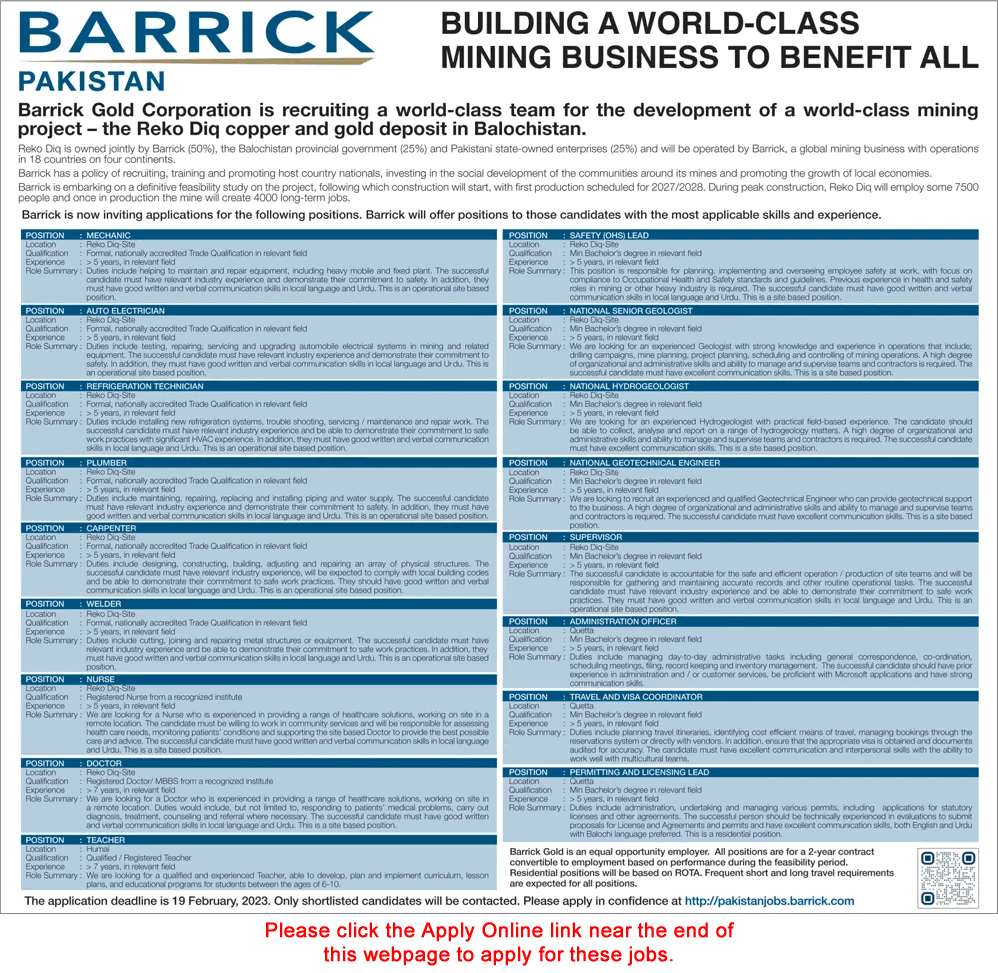 Barrick Gold Corporation Balochistan Jobs 2023 February Apply Online Latest