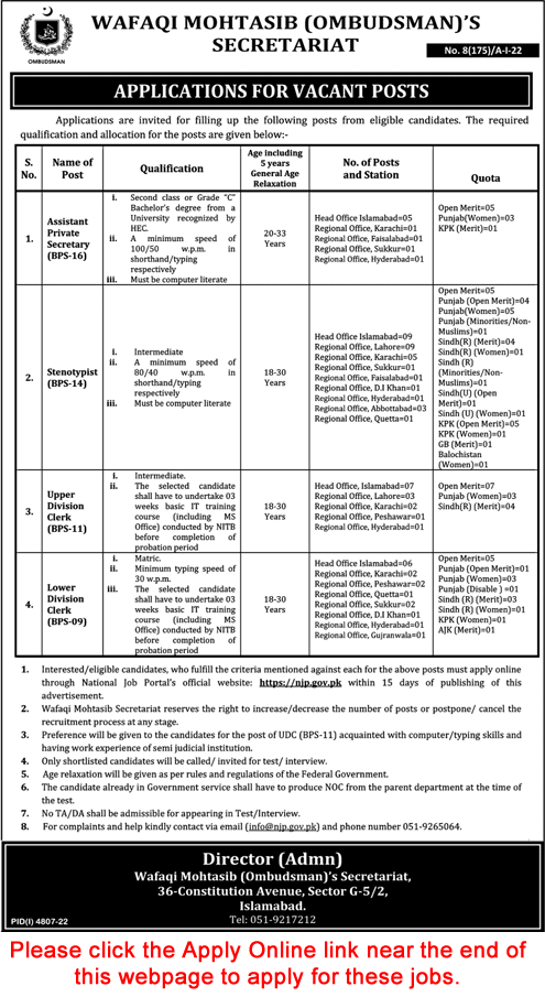 Wafaqi Mohtasib Secretariat Jobs 2023 February Apply Online Stenotypists, Clerks & Others Latest