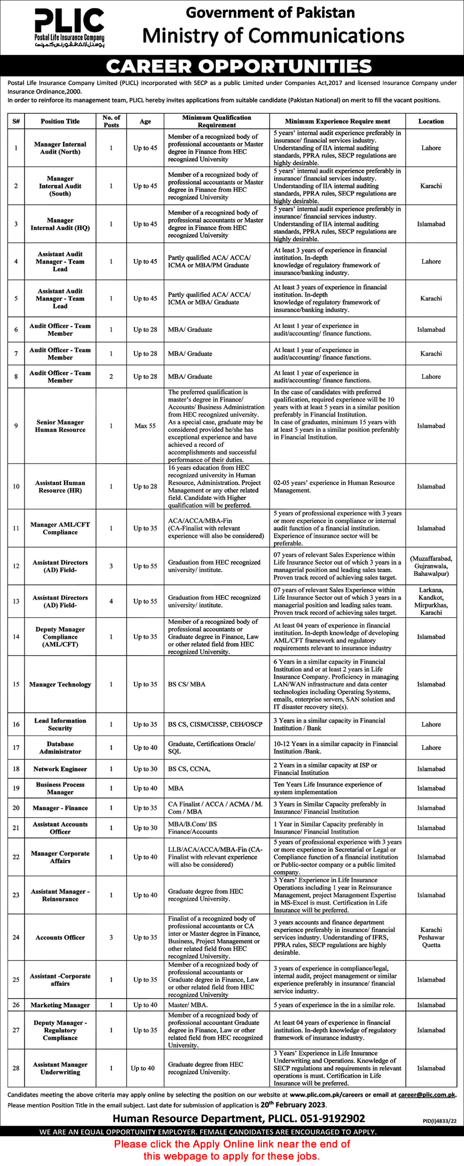 Postal Life Insurance Company Limited Jobs 2023 February Online Apply PLIC Assistant Directors, Audit Officers, Managers & Others Latest