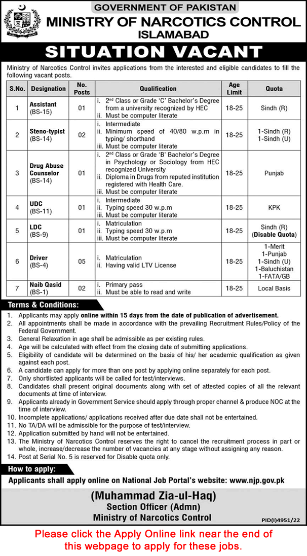 Ministry of Narcotics Control Islamabad Jobs 2023 February Apply Online Drivers, Clerks, Naib Qasid & Others Latest