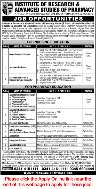 Institute of Research Advanced Studies of Pharmacy Multan Jobs 2023 February Teaching Faculty & Others Latest