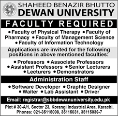 Shaheed Benazir Bhutto Dewan University Karachi Jobs 2023 February Teaching Faculty & Others Latest