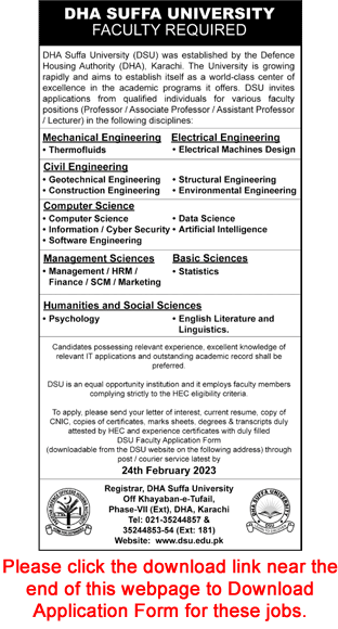 Teaching Faculty Jobs in DHA Suffa University Karachi February 2023 Application Form Latest