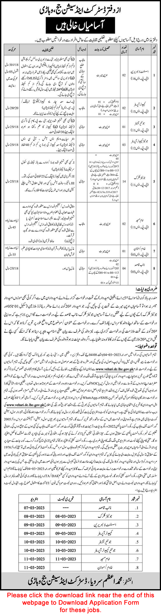 District and Session Court Vehari Jobs 2023 February Application Form Clerks, Naib Qasid & Others Latest