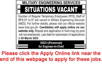 Military Engineering Services Jobs 2023 February MES Online Apply GHQ Pak Army Latest