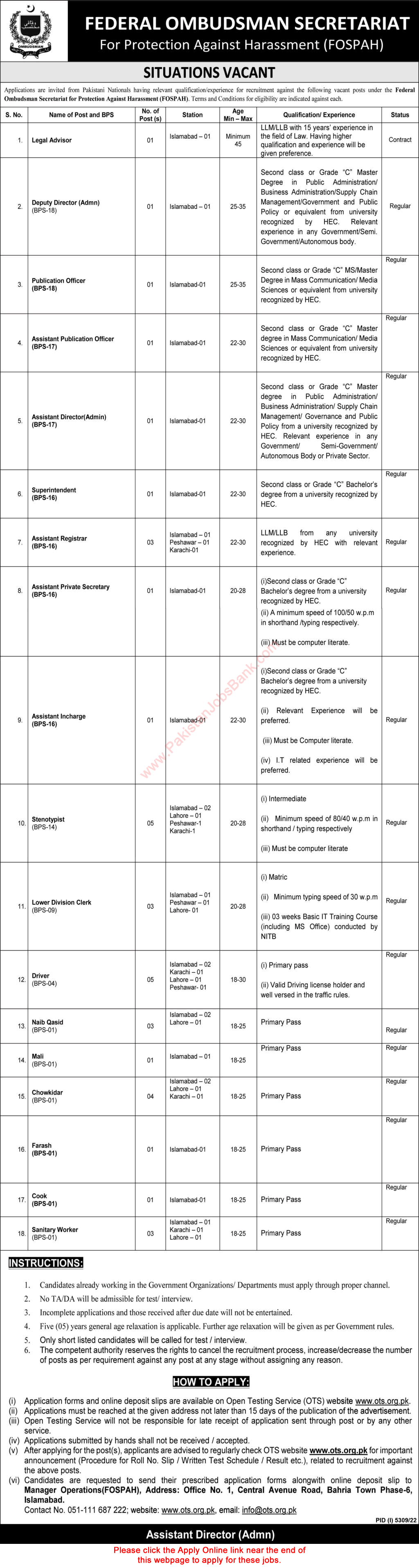 Federal Ombudsman Secretariat Jobs 2023 February / March OTS Apply Online FOSPAH Latest