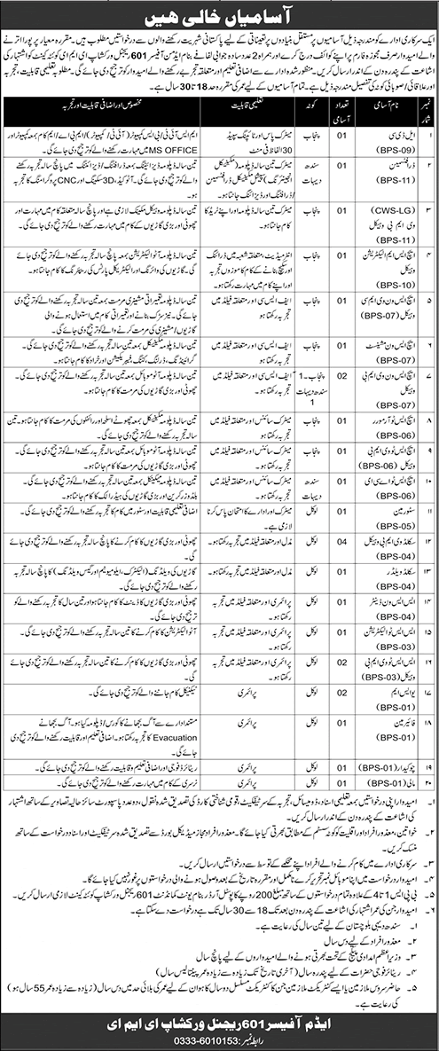 601 Regional Workshop EME Quetta Jobs 2023 February  Skilled Electricians & Others Pakistan Army Latest