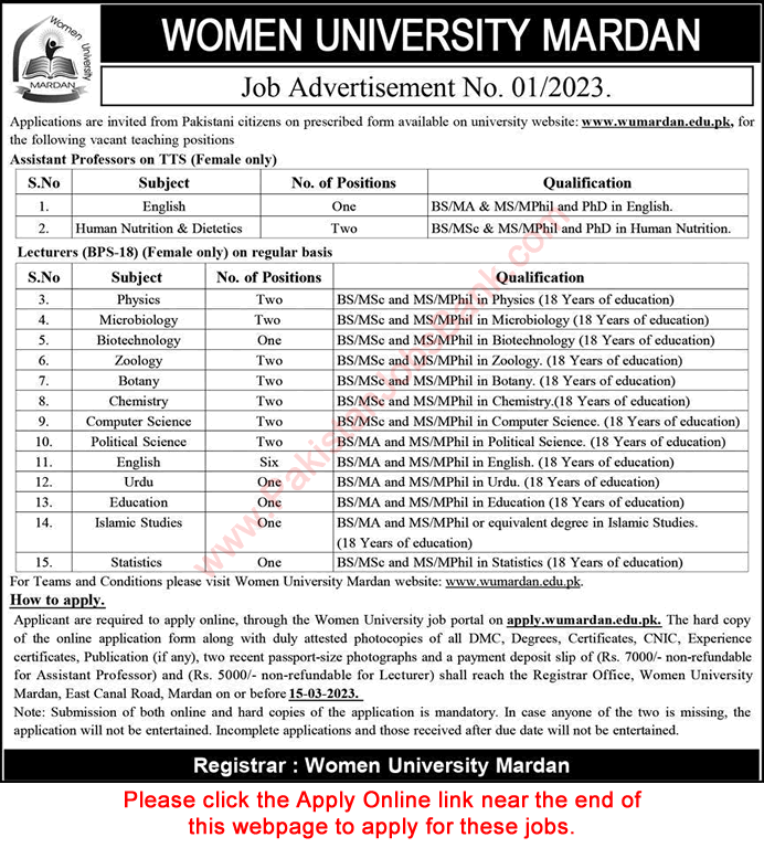 Teaching Faculty Jobs in Women University Mardan 2023 March Apply Online Latest