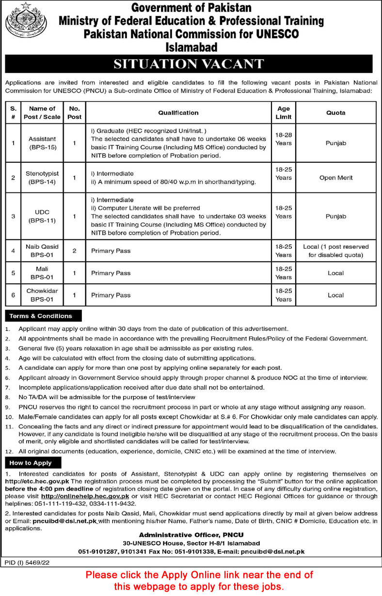 Ministry of Federal Education and Professional Training Jobs 2023 March Apply Online Latest
