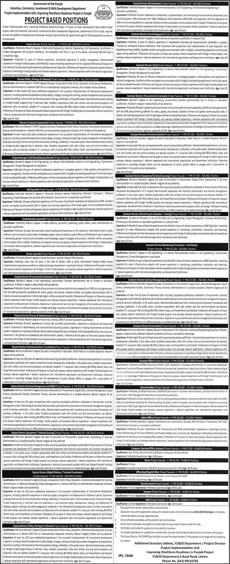 Industries Commerce Investment and Skills Development Department Punjab Jobs 2023 March Assistant Directors & Others Latest