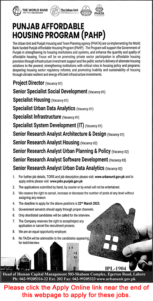 Punjab Affordable Housing Program Jobs 2023 March Apply Online Housing Specialists & Others Latest