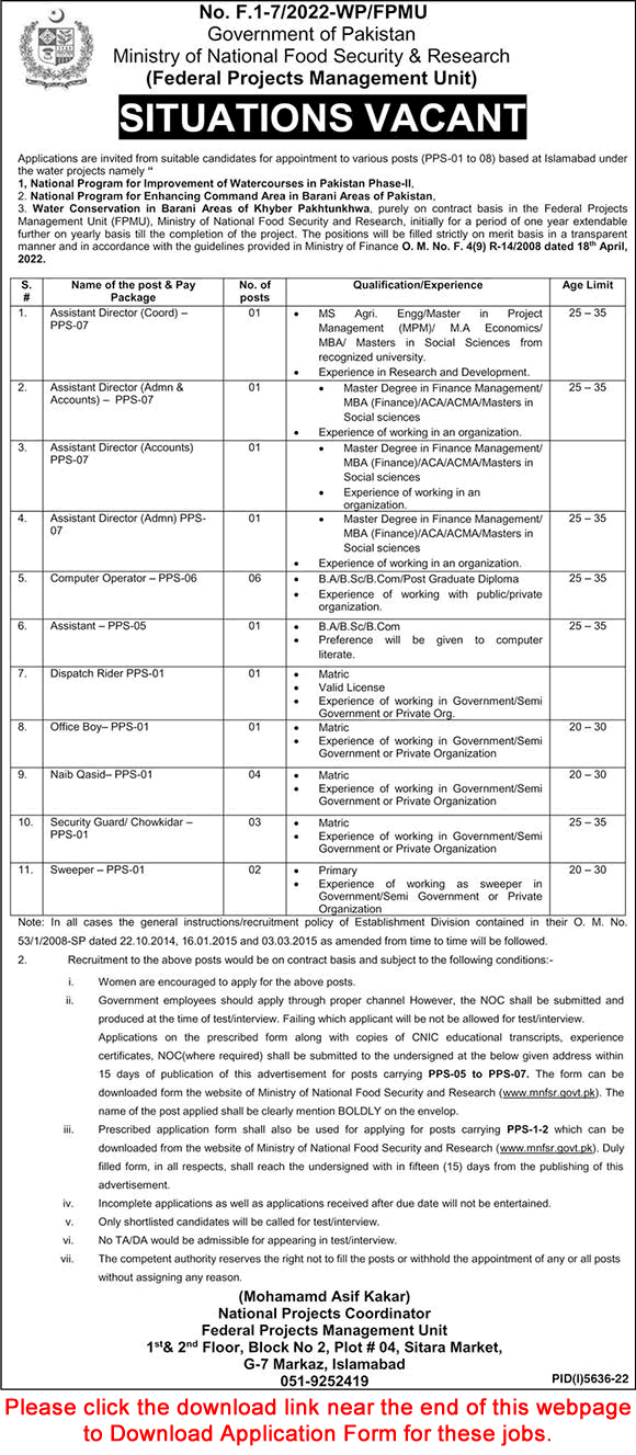 Ministry of National Food Security and Research Islamabad Jobs 2023 March Application Form Latest
