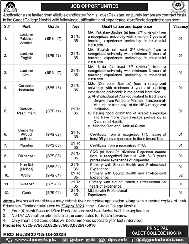 Cadet College Nushki Jobs 2023 March Lecturers & Others Latest