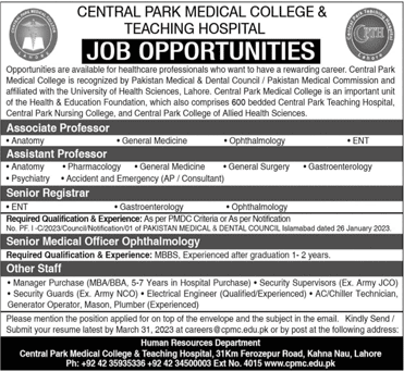 Central Park Medical College Lahore Jobs 2023 March Teaching Faculty & Others Latest