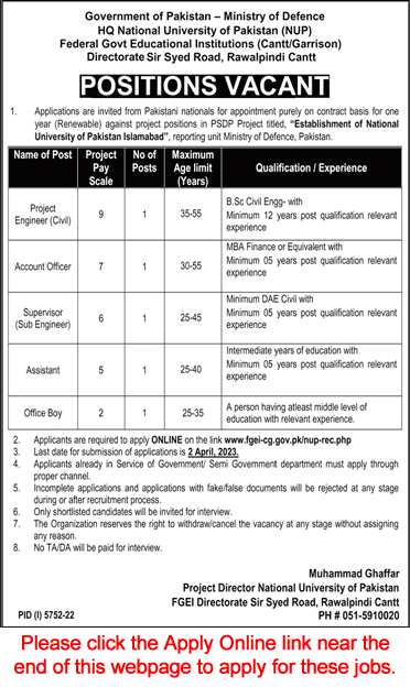 Federal Government Educational Institutions Cantt Garrison Jobs 2023 March Apply Online Latest