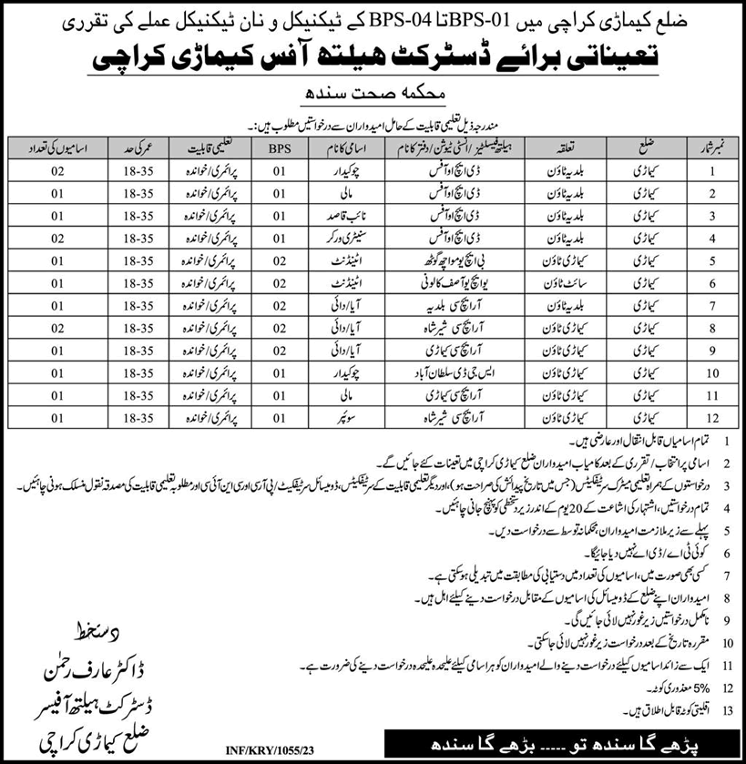 Health Department Keamari Karachi Jobs 2023 March Aya, Dai & Others District Health Office Latest