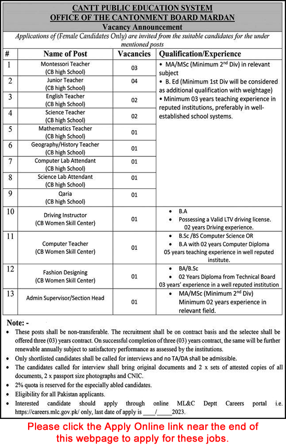 Cantt Public Education System Mardan Jobs 2023 March Apply Online Teachers & Others Latest