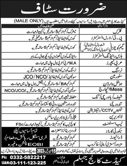 Cadet College Jhelum Jobs 2023 March Coaches, Clerk & Others Latest