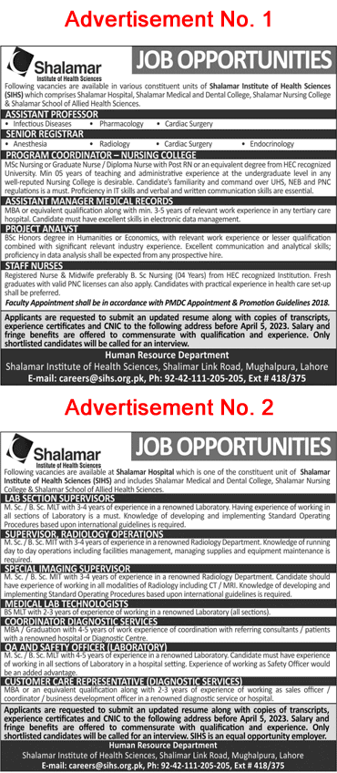 Shalamar Hospital Lahore Jobs 2023 March Staff Nurse & Others Latest