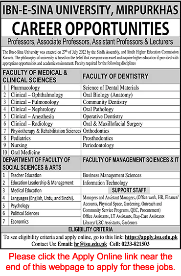 Ibn e Sina University Mirpurkhas Jobs 2023 April Apply Online Teaching Faculty, Assistant Managers & Others Latest