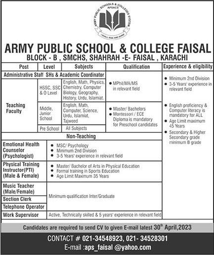 Army Public School and College Faisal Karachi Jobs 2023 April Teaching Faculty & Others Latest