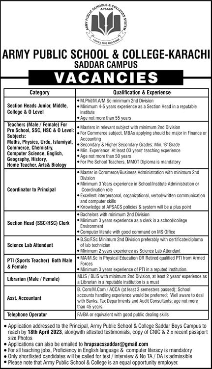 Army Public School and College Saddar Campus Karachi Jobs 2023 April Teachers & Others Latest