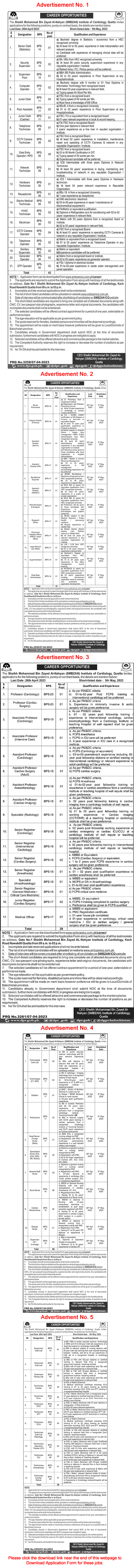 Sheikh Mohammed Bin Zayed Al Nahyan Institute of Cardiology Quetta Jobs April 2023 Application Form Latest