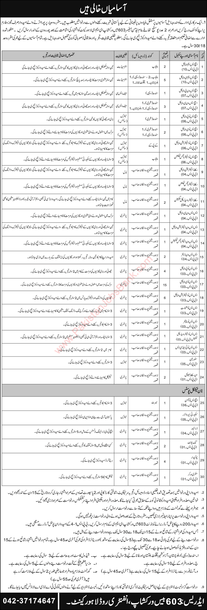 603 Base Workshop EME Lahore Jobs 2023 April Semi / Highly Skilled Technicians & Others Latest