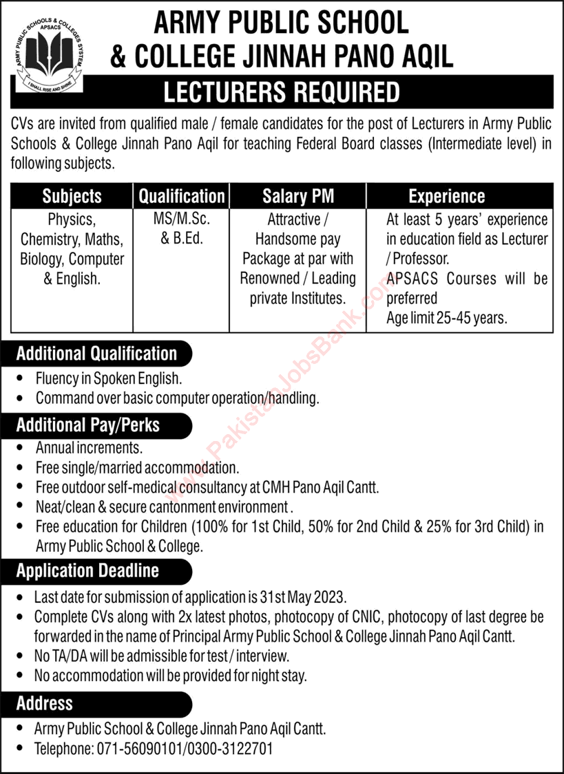 Lecturer Jobs in Army Public School and College Jinnah Pano Aqil 2023 May APS&C Latest