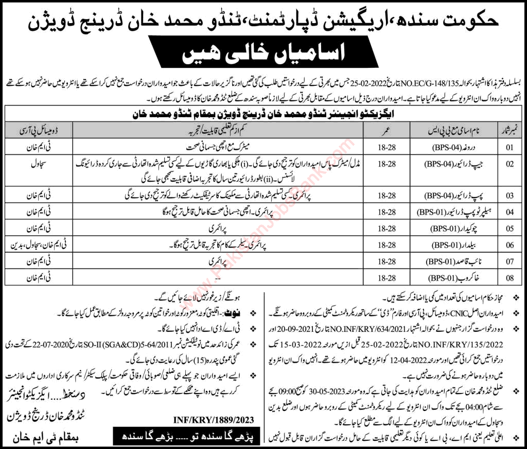 Irrigation Department Tando Muhammad Khan Jobs 2023 May Naib Qasid, Chowkidar & Others Latest