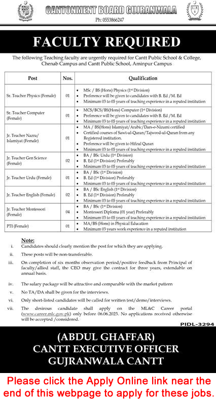 Cantt Public Schools and Colleges Gujranwala Jobs 2023 May Teachers Apply Online Latest