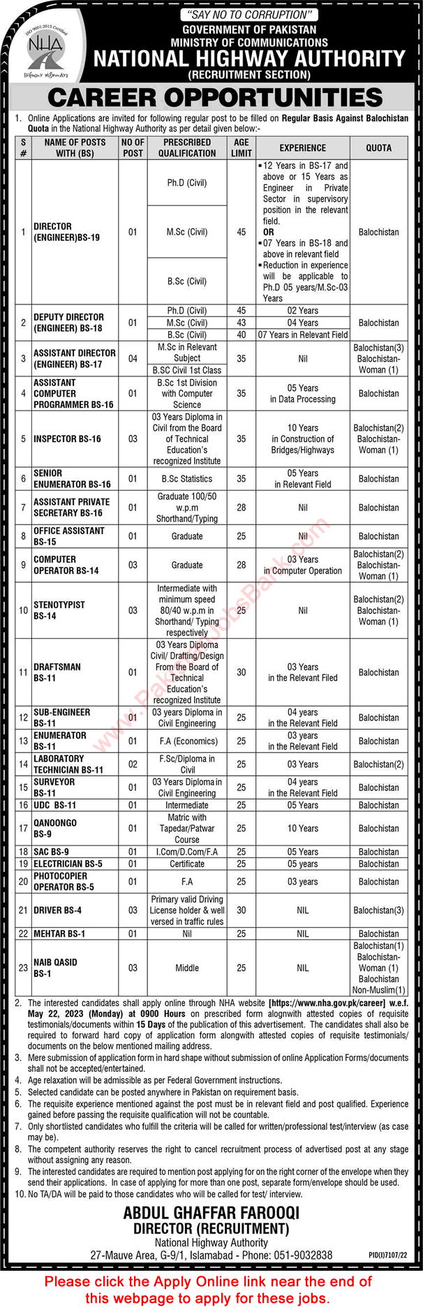 National Highway Authority Jobs 2023 May NHA Online Apply Assistant Directors & Others Latest