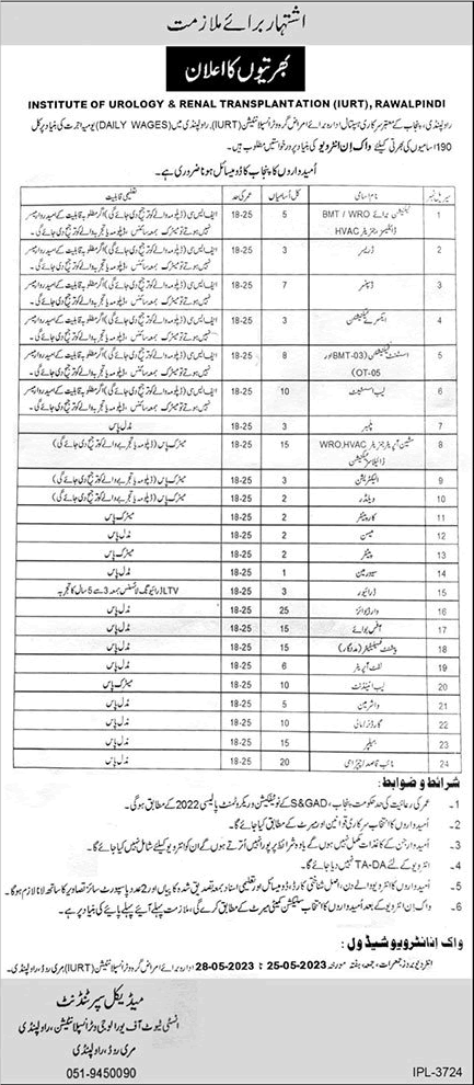 Institute of Urology and  Renal Transplantation Rawalpindi Jobs 2023 May IURT Ward Boys & Others Latest