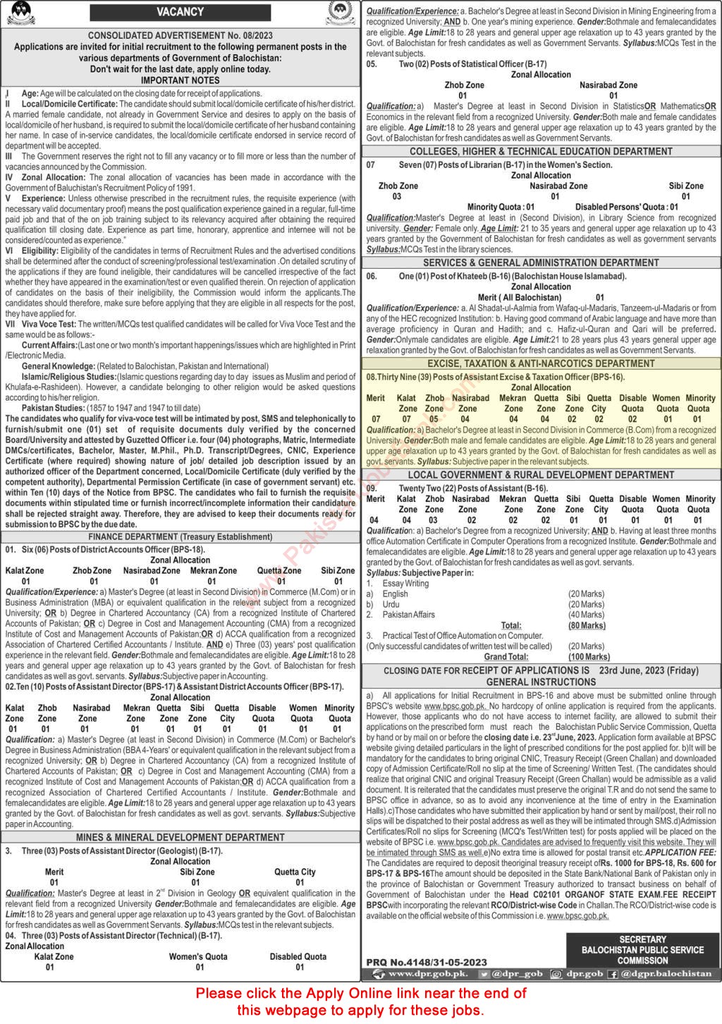 Assistant Excise and Taxation Officer Jobs in Excise Taxation and Anti Narcotics Department Balochistan 2023 June BPSC Apply Online Latest