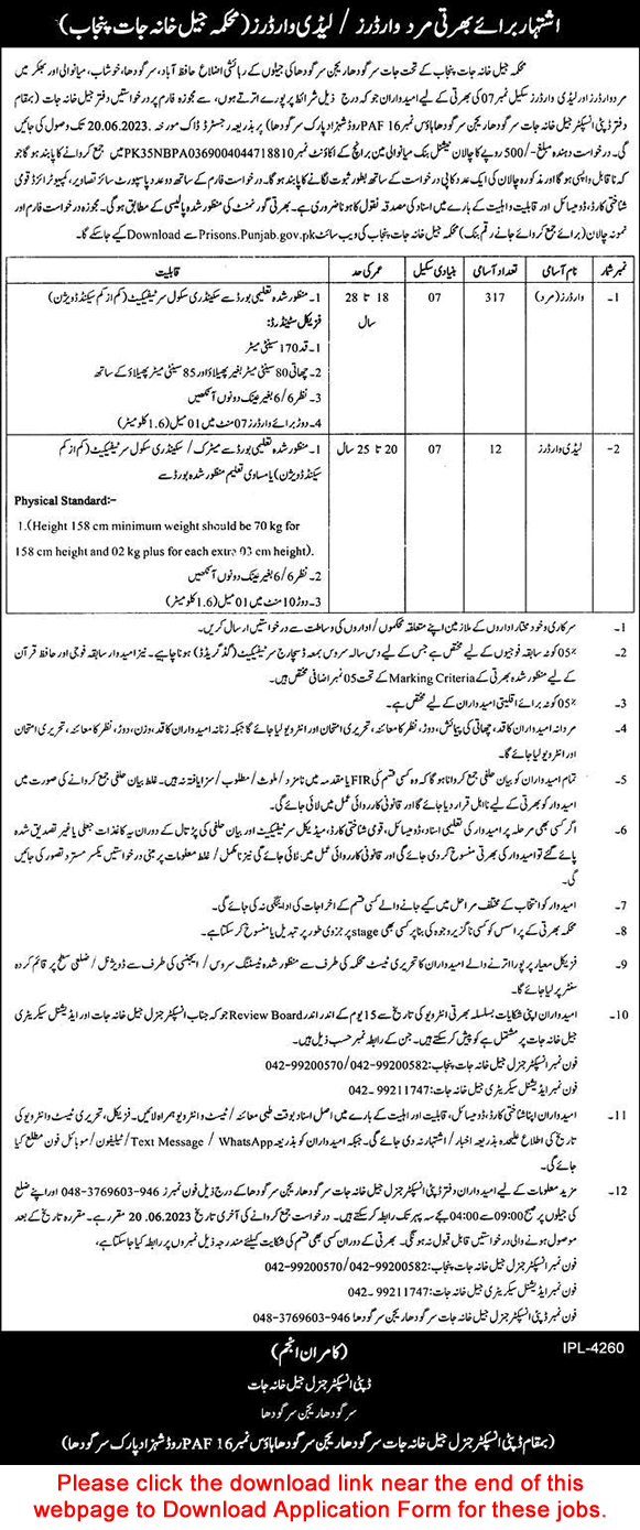 Male Warder Jobs in Prison Department Sargodha June 2023 Application Form Latest