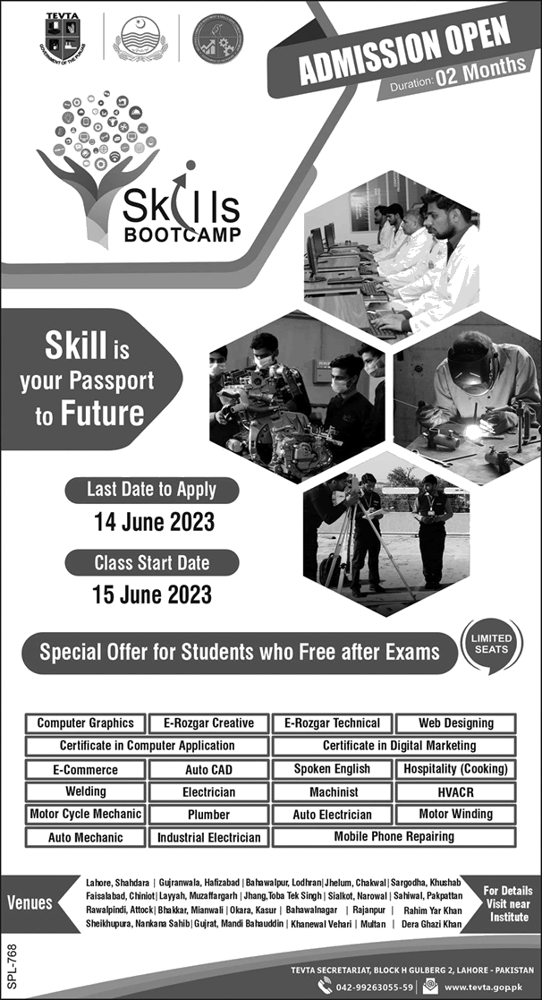 TEVTA Punjab Free Courses 2023 June Skills Boot Camp Technical Education and Vocational Training Authority Latest