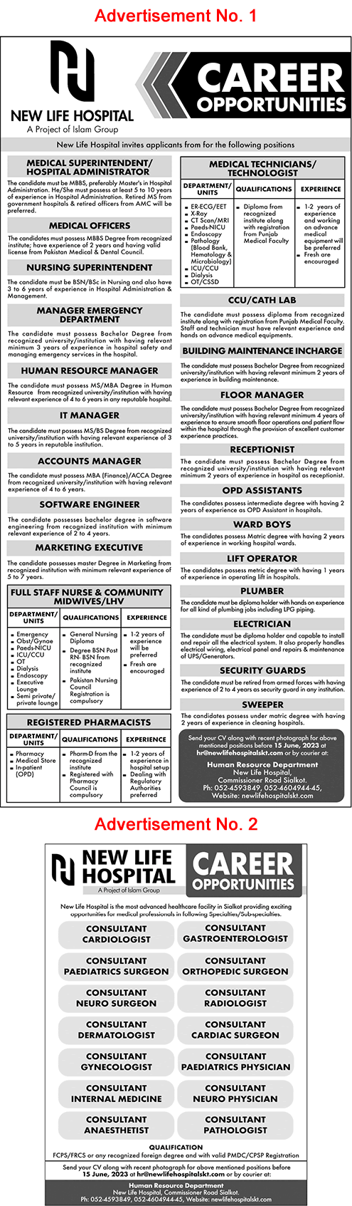 New Life Hospital Sialkot Jobs 2023 June Medical Technicians, Technologists, Consultants, Nurses & Others Latest