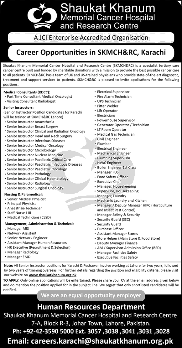 Shaukat Khanum Hospital Karachi Jobs June 2023 SKMCH Senior Instructors & Others Latest