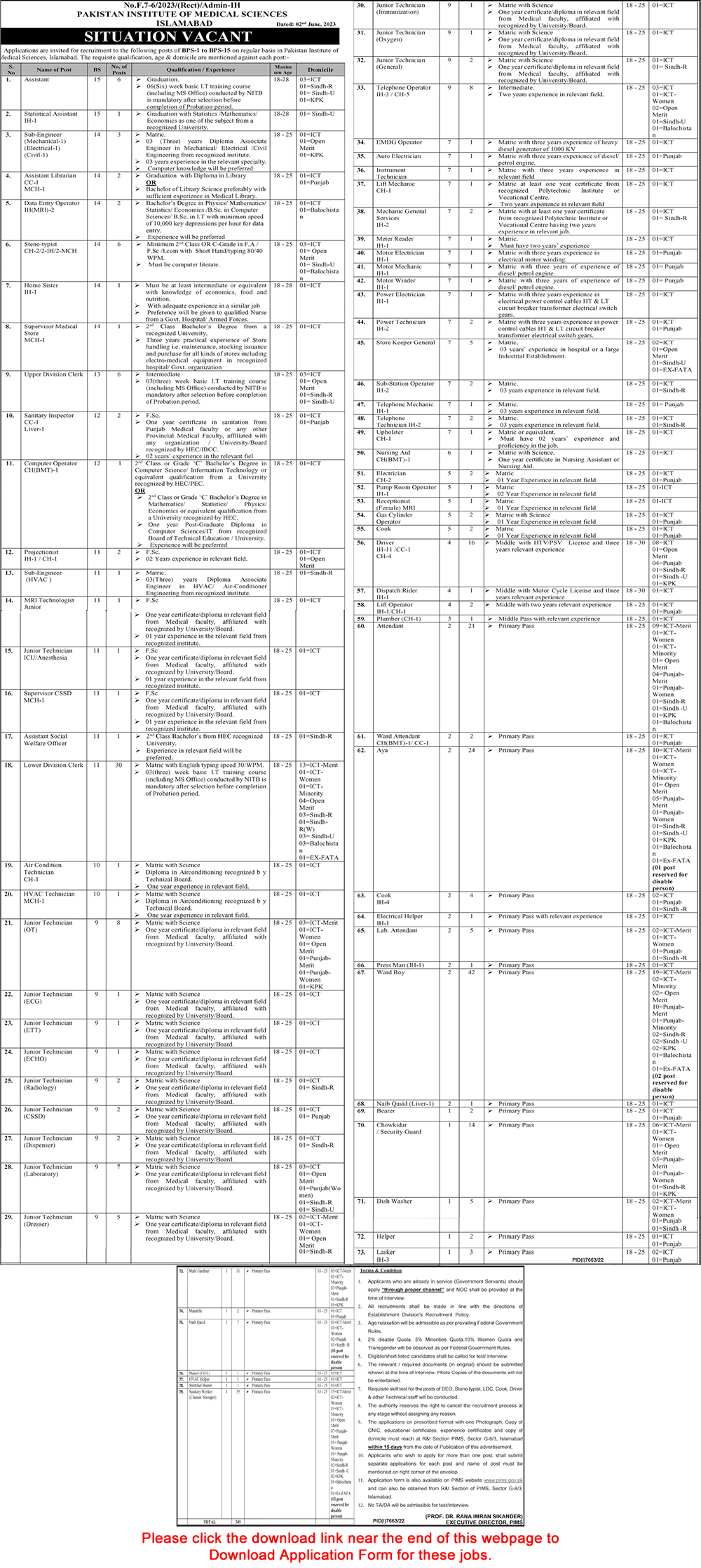 PIMS Hospital Islamabad Jobs June 2023 Application Form Ward Boys, Clerks, Technicians & Others Pakistan Institute of Medical Sciences Latest