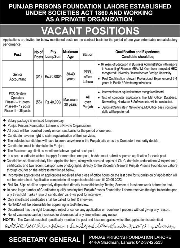 Punjab Prisons Foundation Jobs 2023 June PCO System Operators & Accountant Latest