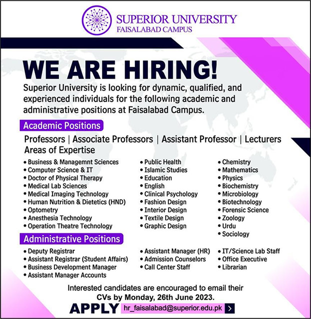 Superior University Faisalabad Jobs 2023 June Teaching Faculty & Others Latest