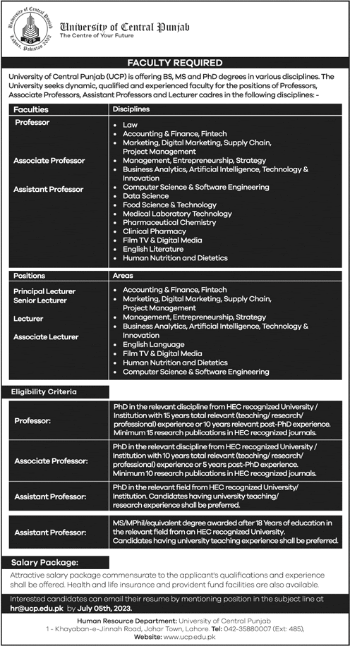 Teaching Faculty Jobs in University of Central Punjab Lahore 2023 June UCP Latest